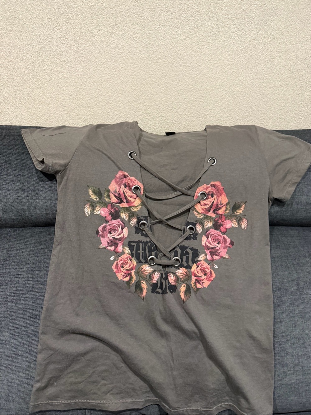 Gray Lace-Up Floral Women’s Tee - Pink Rose Graphic